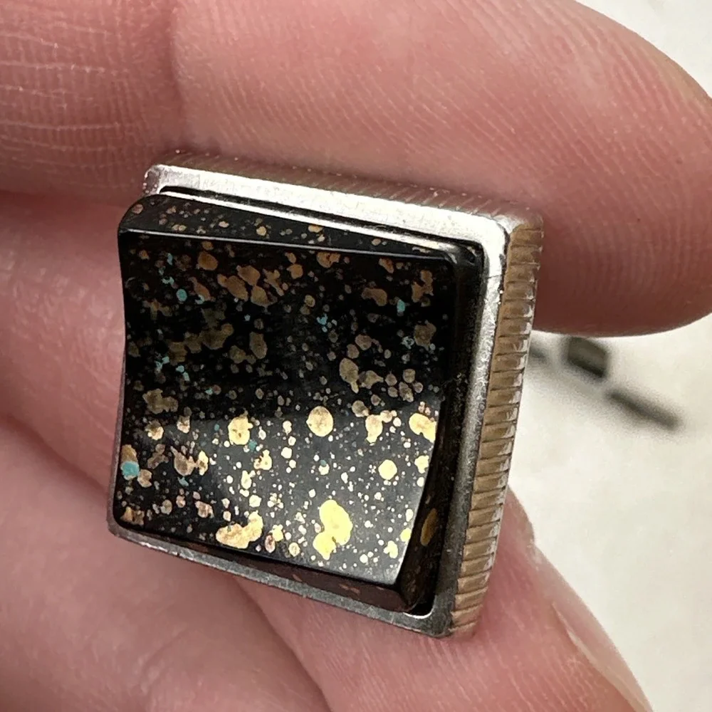 Vintage Anson Cufflinks & Tie Clip Set Silver Black Gold Turquoise Flakes